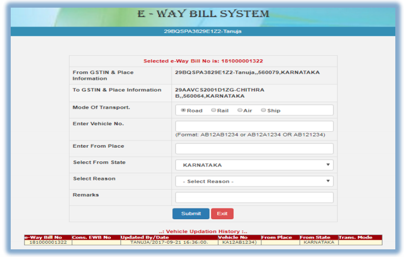 Bulk e-Way Bills Update Vehicle Number