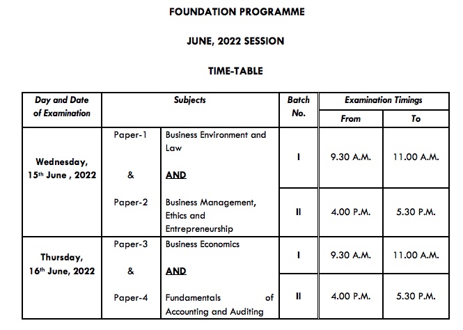 CS Foundation Time Table June 2022
