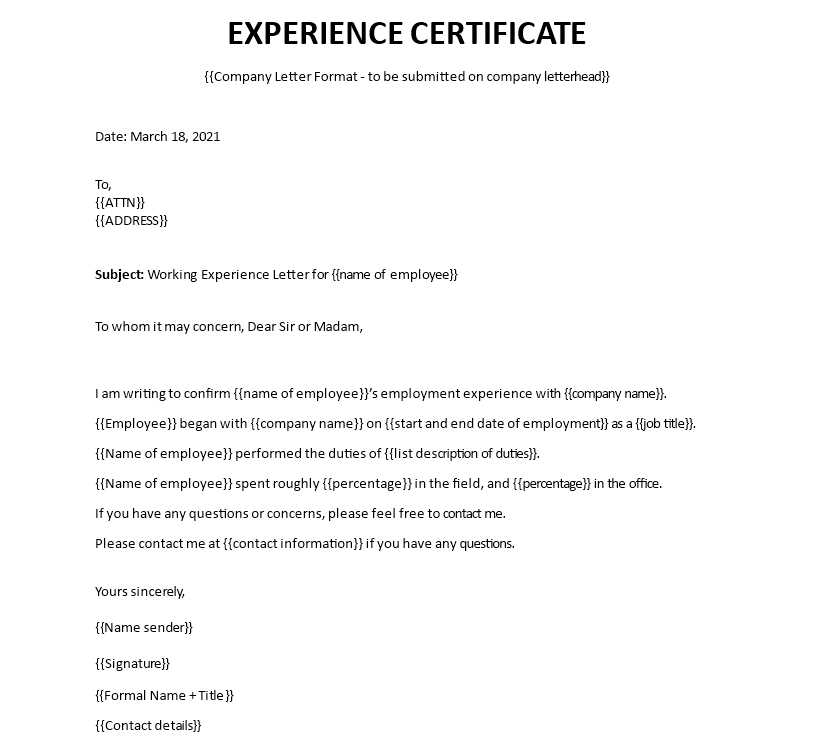Experience Certificate format image