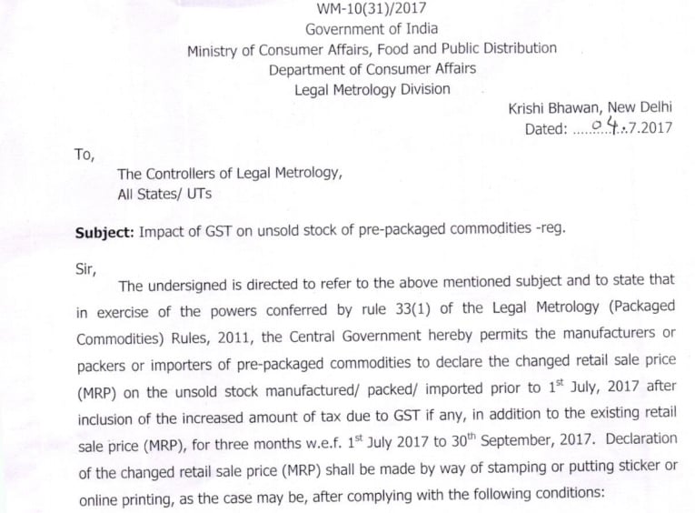 Impact of GST on unsold stock of pre packaged commodities