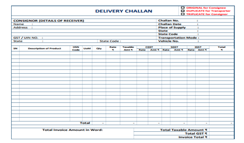 Delivery challan under GST, Delivery challan Format as per CGST