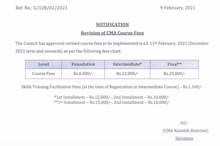 Revised CMA Course Fees