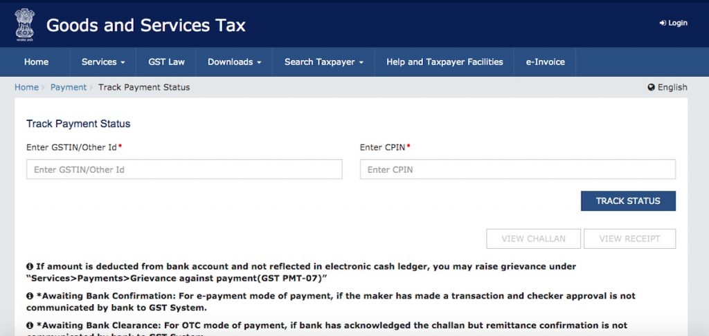 Screenshot for how to track gst payment status at gst portal