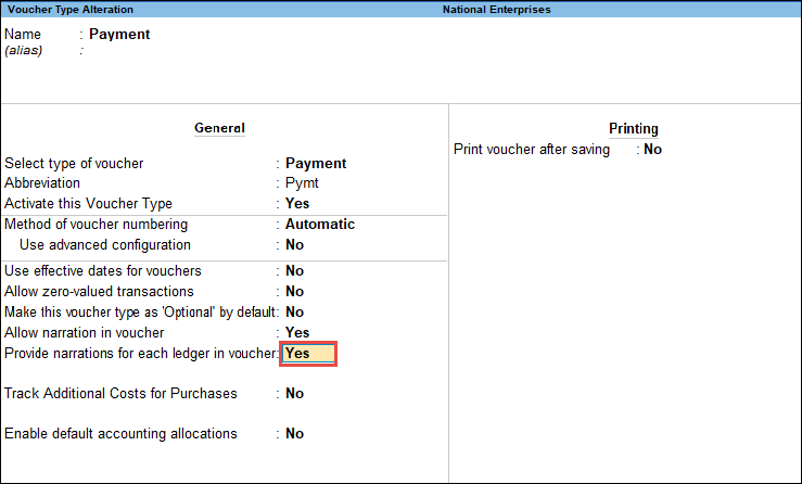 payment voucher type enable narration ledger tally