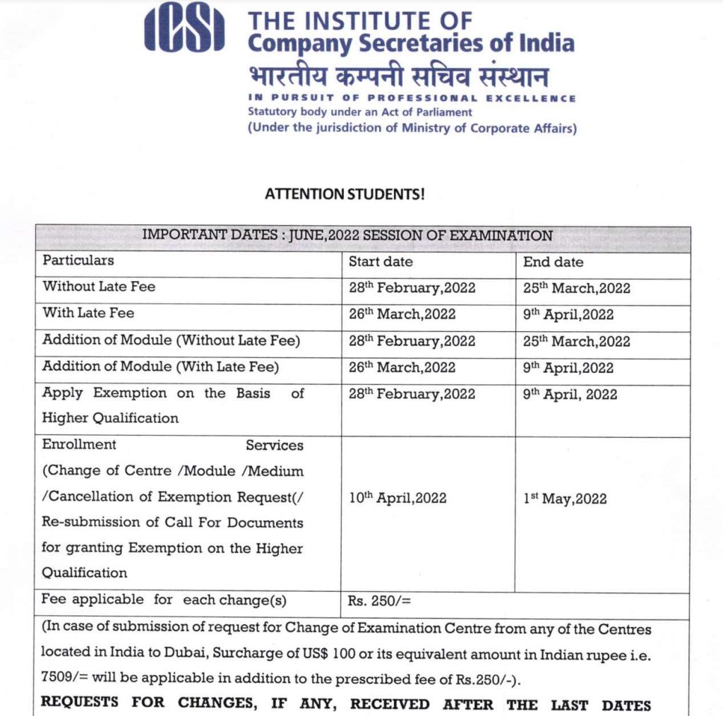ICSI Exam Form June 2022