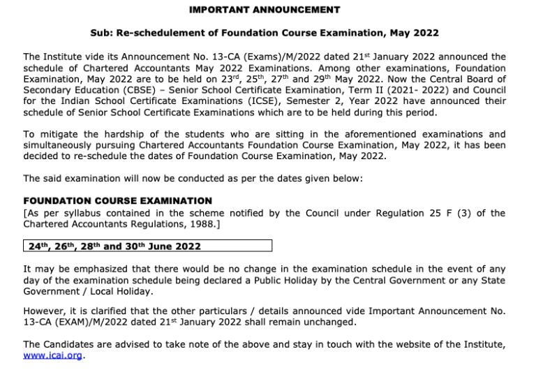 CA Foundation Time Table June 2022 (Revised) Timing, Fees