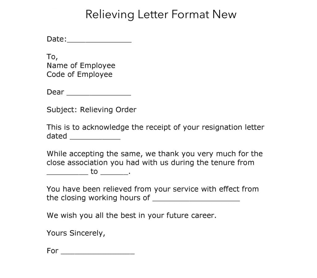 Relieving Letter Format New